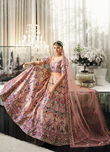 Unique Multi Thread Work Silk Peach Lehenga Choli Set